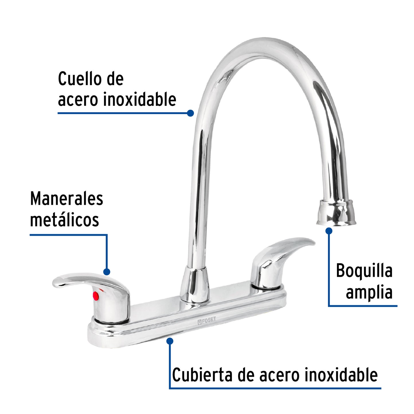 Mezcladora fregadero 8" cromo, cuello largo, palanca, AQUA