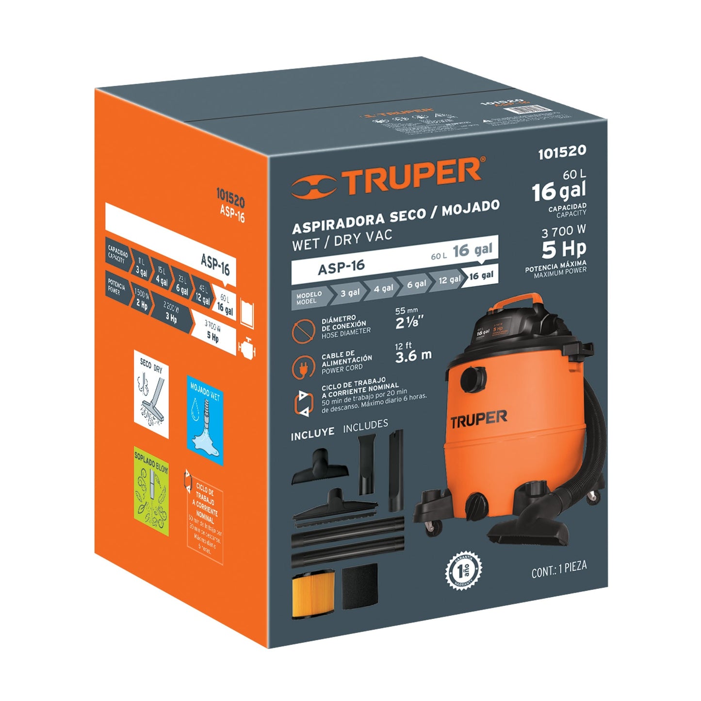 Aspiradora de sólidos y líquidos, 16 gal, plástica, TRUPER