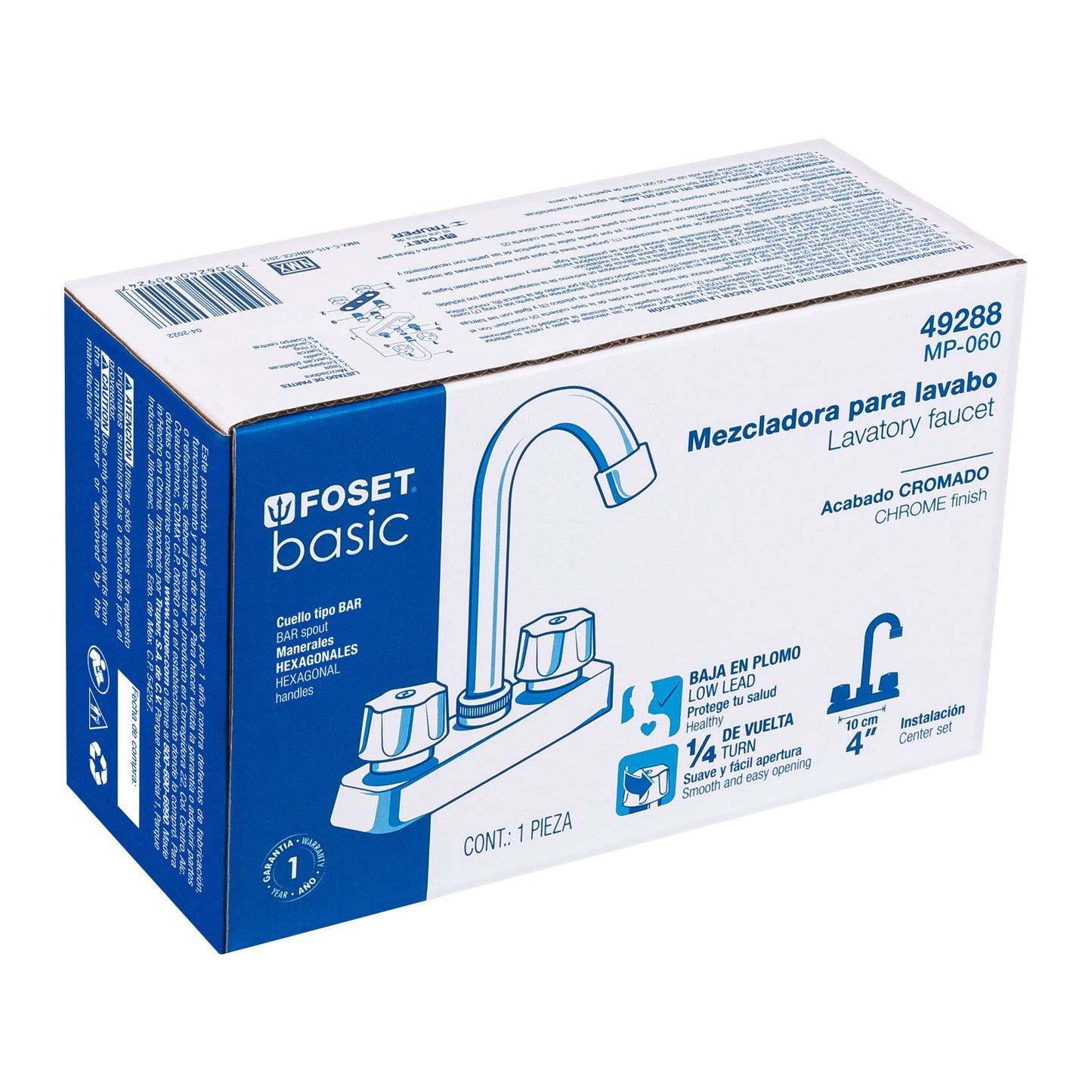 Mezcladora 4" lavabo, ABS, cuello bar, hexagonal, BASIC